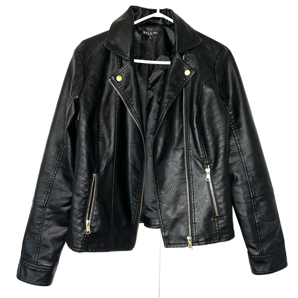 Baccini Black faux Leather Jacket Women's Medium M Moto Biker Mobwife Gold